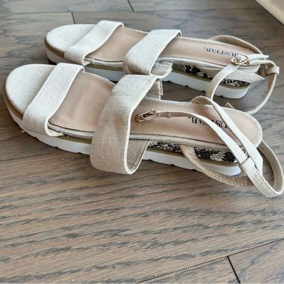 Beige strappy sandals with a slight lift. Beautiful faux snakeskin accents! - Picture 1 of 3